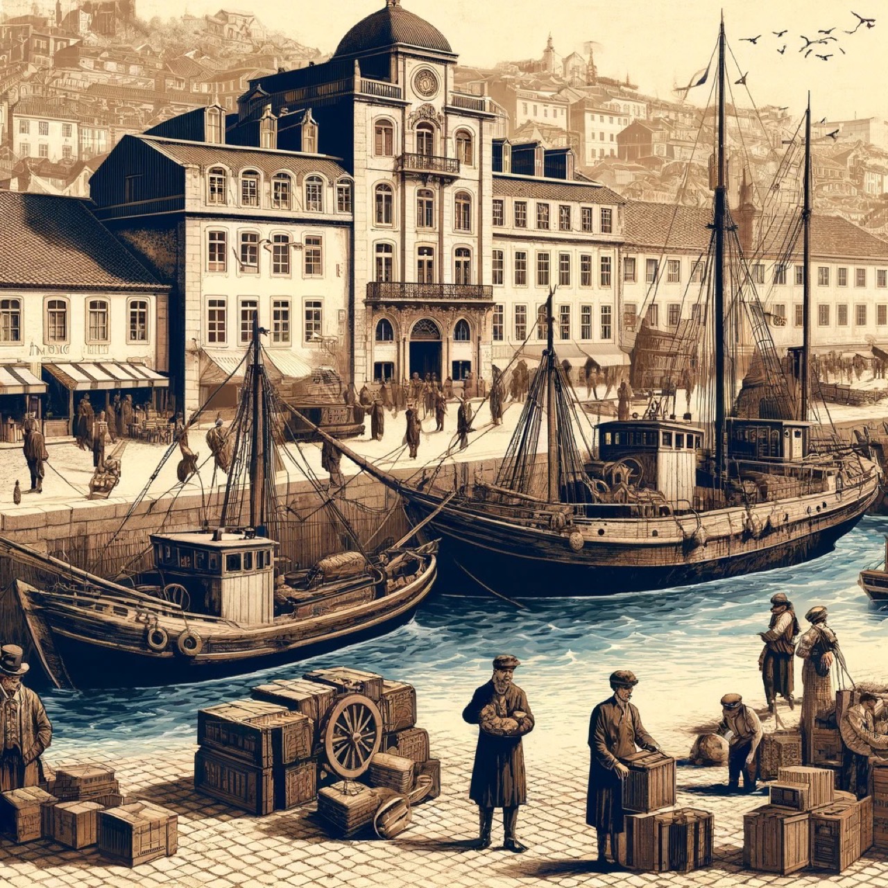 Ecco un’illustrazione rappresentativa della storia della società di pesca portoghese nei primi del Novecento. L’immagine mostra imbarcazioni da pesca tradizionali attraccate in un porto vivace di Lisbona, con pescatori intenti a scaricare il pescato. La scena include elementi storici come abbigliamento d’epoca, attrezzature marittime e l’architettura della Lisbona dell’epoca. Lo sfondo raffigura il lungomare iconico di Lisbona con un mix di edifici storici e magazzini, catturando l’essenza dell’industria della pesca di quel periodo.